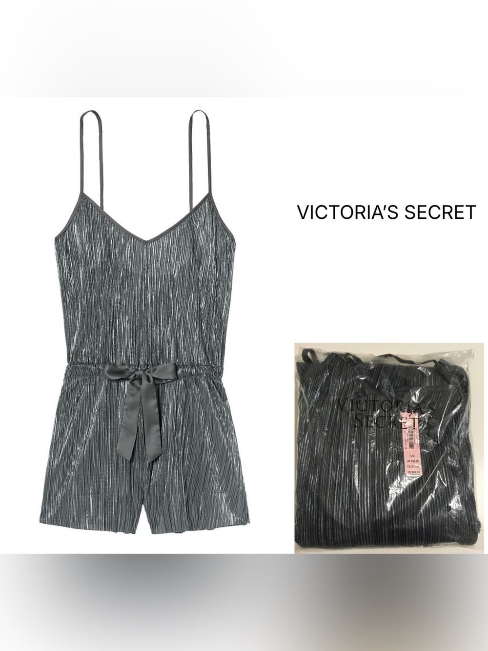 VICTORIA’S SECRET - M/L - NWT - GREY METALLIC SHINE PLEAT SLEEP ROMPER / SLIP